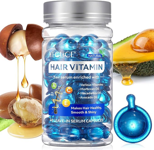 Hair Treatment Serum Hair Vitamin Capsules 60Pcs, with Vitamin A C E Pro B5, No Rinse with Argan Macadamia/Avocado Oil for Hair Repair, Smooth & Anti Frizzy (blue, 40)