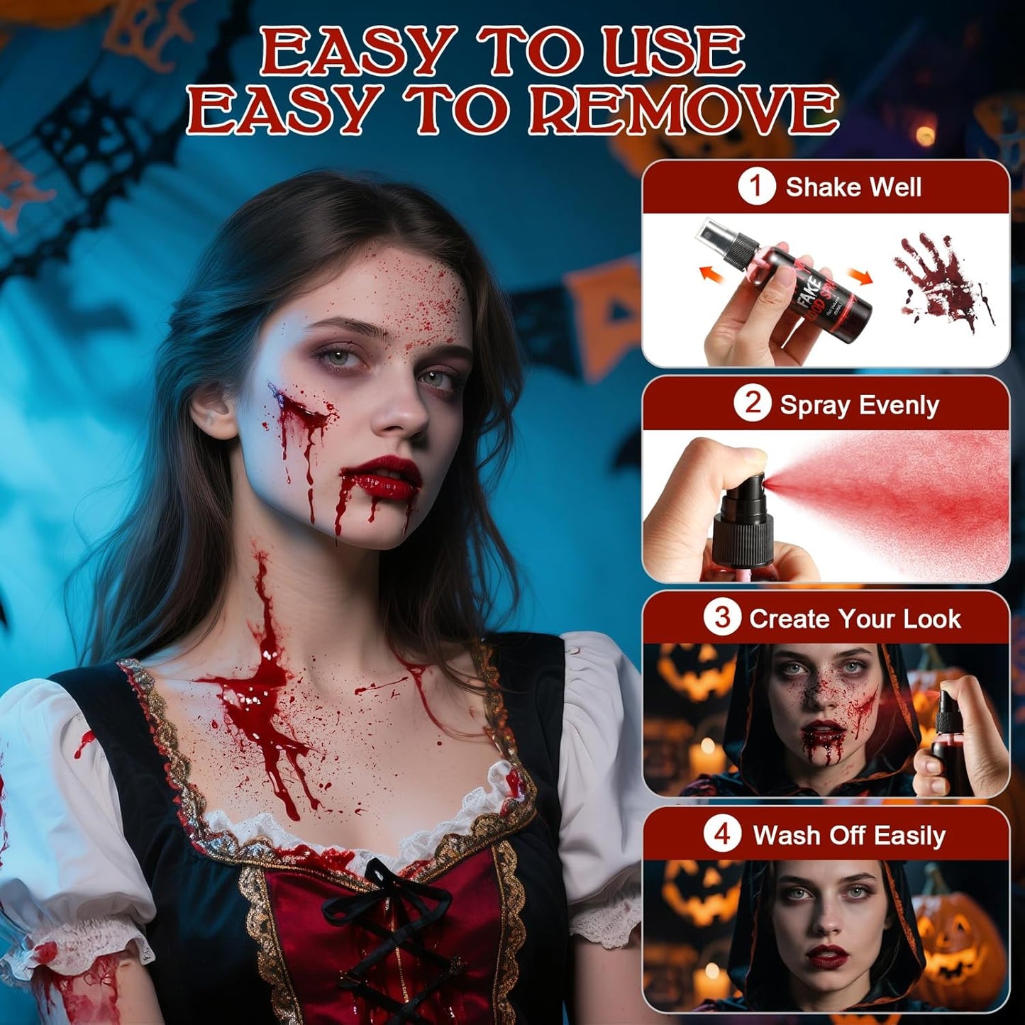 Halloween Fake Blood Spray – 60ML Fresh Realistic Fake Blood for SFX Makeup, Vampire Zombie Cosplay,Mouth Body Clothes Stage Effects – Easy to Use and Washable