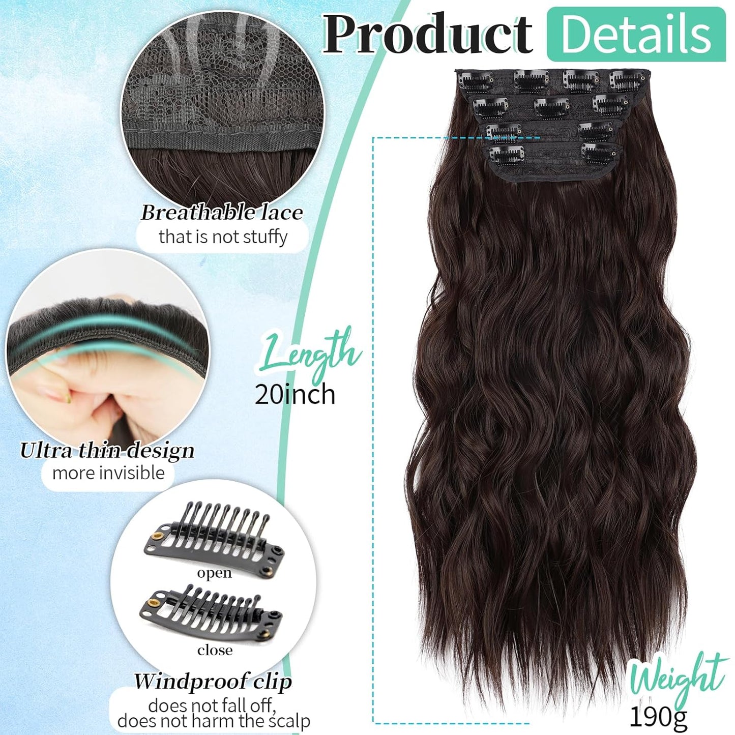 KooKaStyle Clip in Synthetic Hair Extensions Long Wavy 4PCS Thick Hairpieces Chocolate Brown 33Y# Fiber Double Weft Natural Hair Extensions 20 Inch for Women