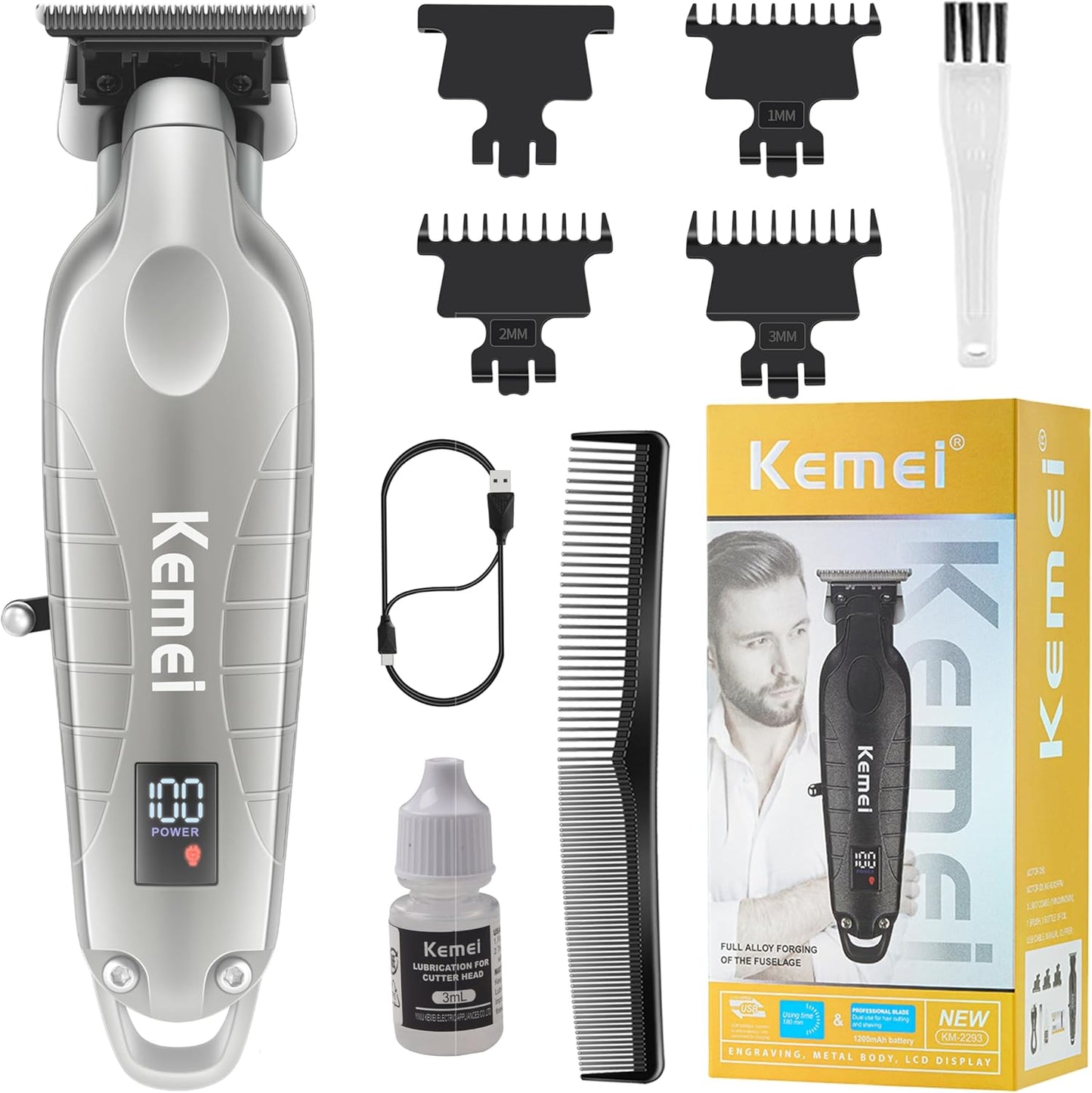 KEMEI 2293 Professional Hair/Beard Trimmer for Men Zero Gapped Hair Clippers for Barber with T Blade, Cordless Rechargeable, Silvery