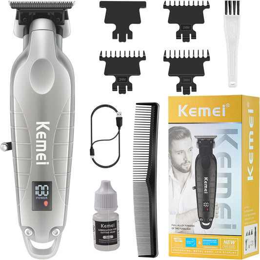 KEMEI 2293 Professional Hair/Beard Trimmer for Men Zero Gapped Hair Clippers for Barber with T Blade, Cordless Rechargeable, Silvery