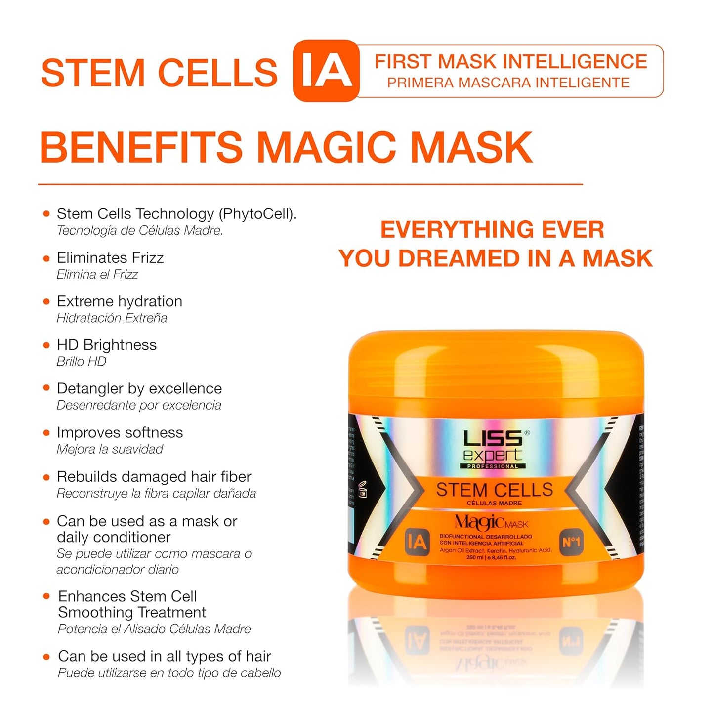 Liss Expert Stem Cells Smoothing Treatment 16 oz (LONG HAIR ) and Magic AI Mask, 8.45 oz Set Hyaluronic Acid, Collagen, Argan Oil, Keratin and Stem Cells plus our DIVINE OIL