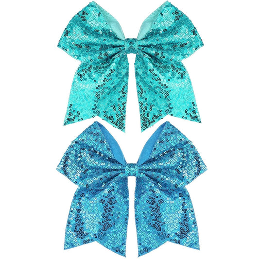 Large Big 7 Inch Glitter Bow Clip Sequin Bling Party Hair Accessories for Women Teens Girls Kids 2 Pcs (PeacockGreen, Blue)