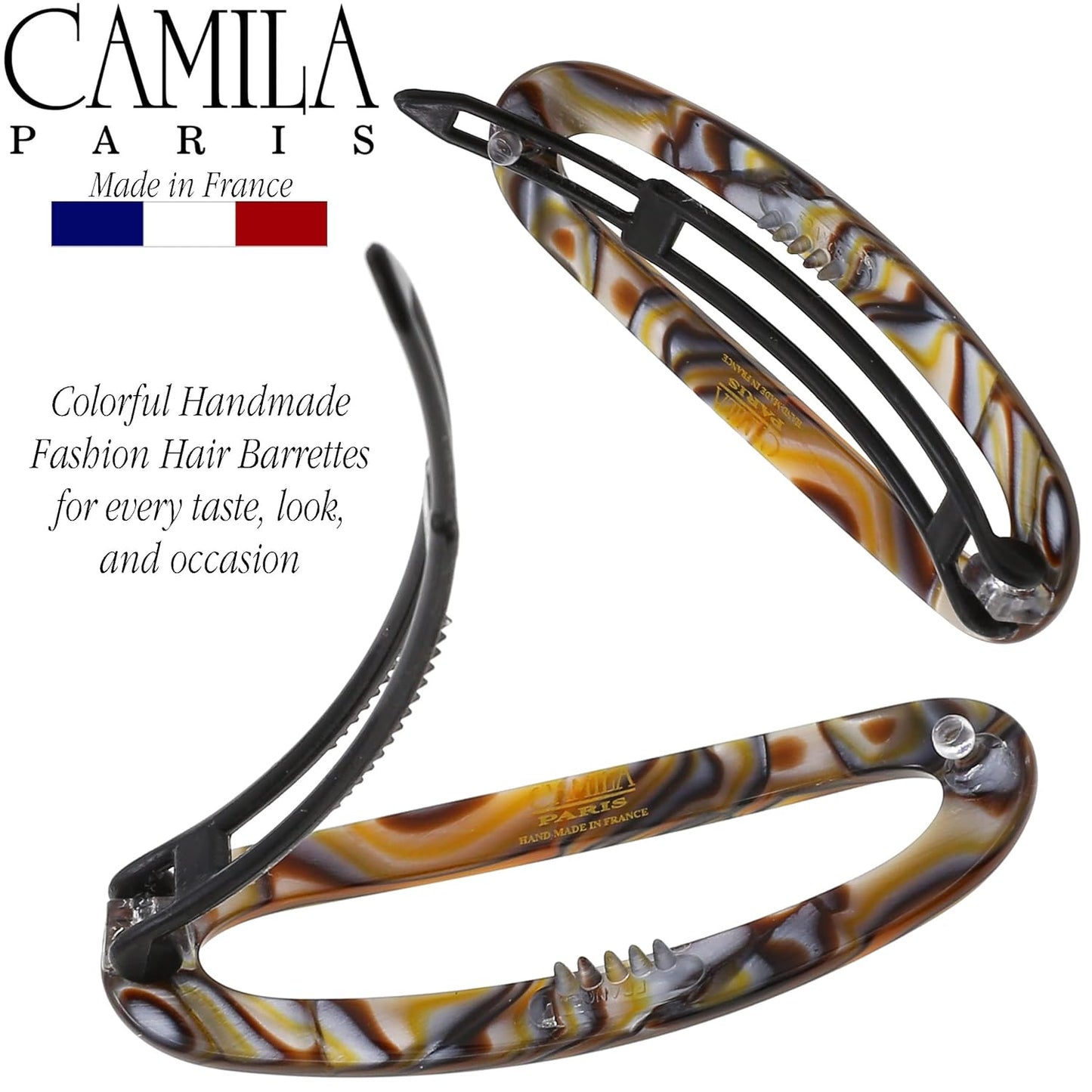 Camila Paris CP3365 French Hair Barrette Clip for Women, Handmade, Onyx, Slide-in Metal-Free Closure, Strong Hold Grip Hair Clips for Girls, No Slip Durable Styling Hair Accessories, Made in France