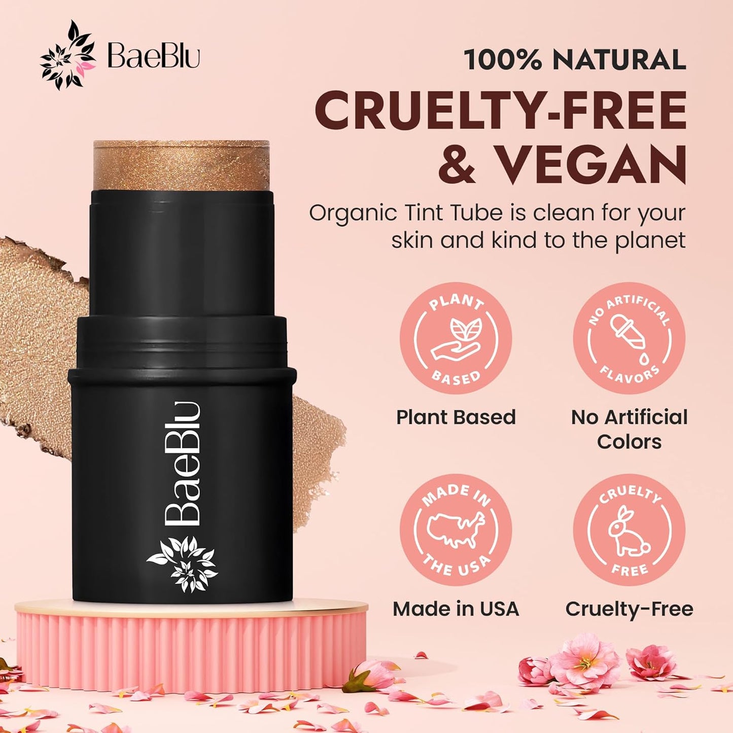 BaeBlu - Organic Blush Tube, Brandy - 100% Natural Vegan Cream Blush Sticks, Multi-Use Bronzer, & Highlighter for Lips, Cheeks & Eyes, Buildable Shimmer, Gluten-Free, Paraben-Free, Made in USA