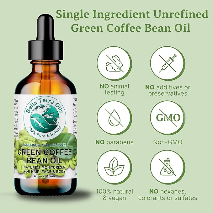 Bella Terra Oils - Green Coffee Bean Oil 8 oz - Famed for Trigonelline & Nutritional Compounds, Elevate Beauty Rituals with this Caffeine Oil Delight