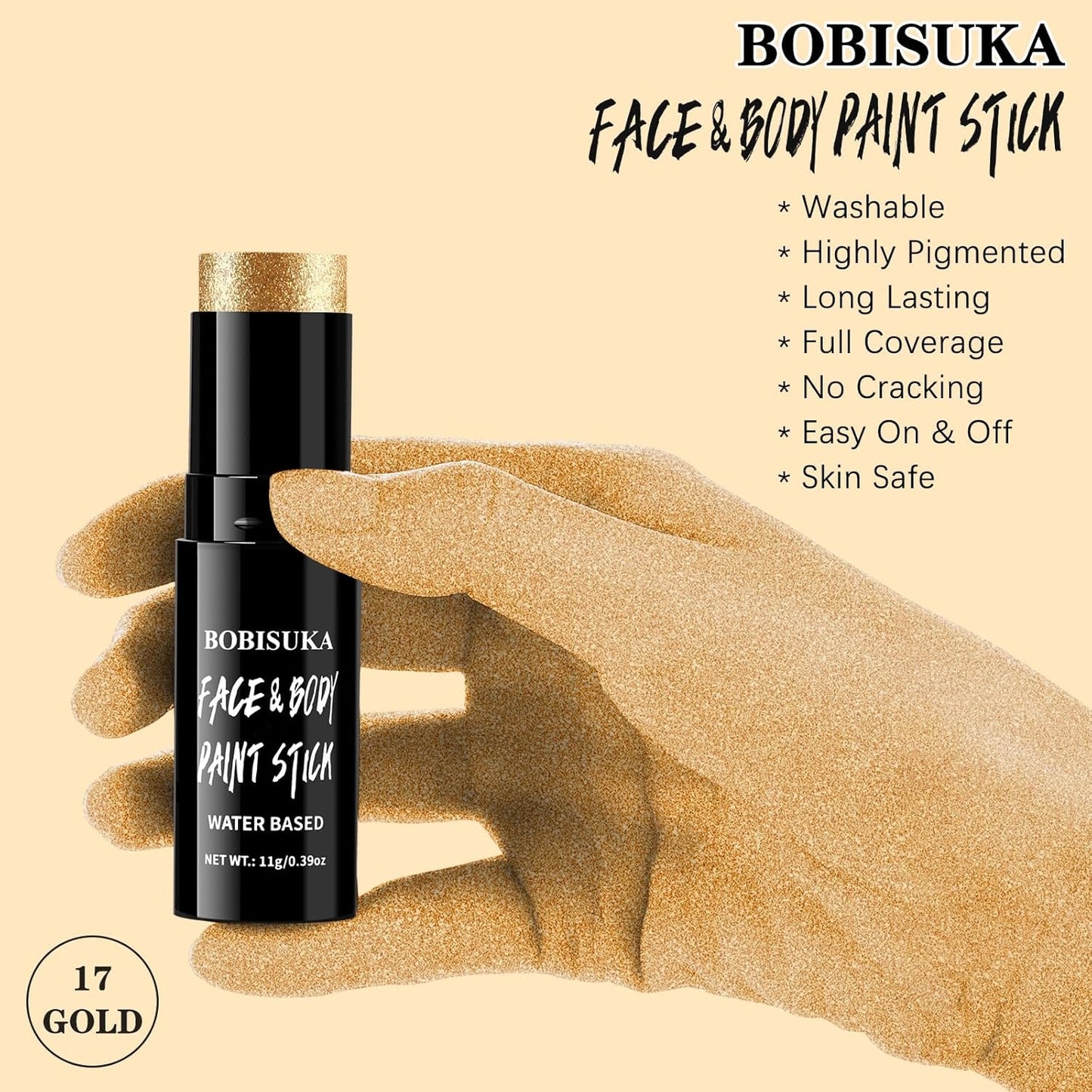 BOBISUKA Metallic Gold Face Body Paint Stick Washable Water-Based Face Paint Makeup Stick for Halloween Skull, Goth, Cosplay, SFX, Sports Eye Black & Costume Party