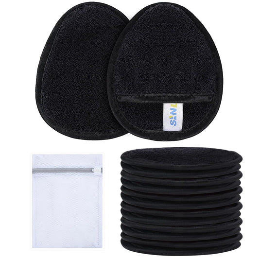 SINLAND Reusable Makeup Remover Pads For Face,Eye,Lips Microfiber Gentle Facial Cleansing Cloths for All Skin Types Friendly for Makeup Remover With Laundry Bag Black Pack of 12