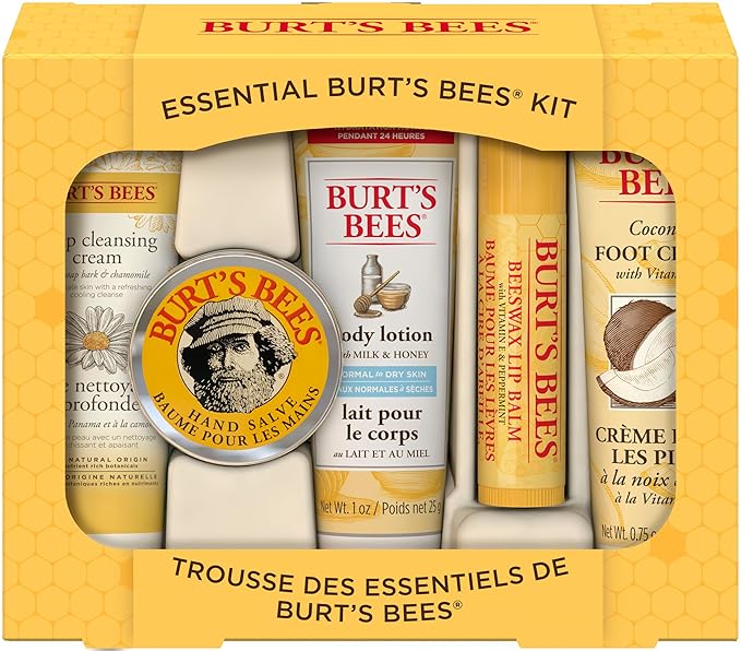Burt's Bees Essential Everyday Beauty Gift Set, 5 Travel Size Products & 100% Natural Origin Moisturizing Lip Balm, Original Beeswax with Vitamin E & Peppermint Oil, 4 Tubes in Blister Box