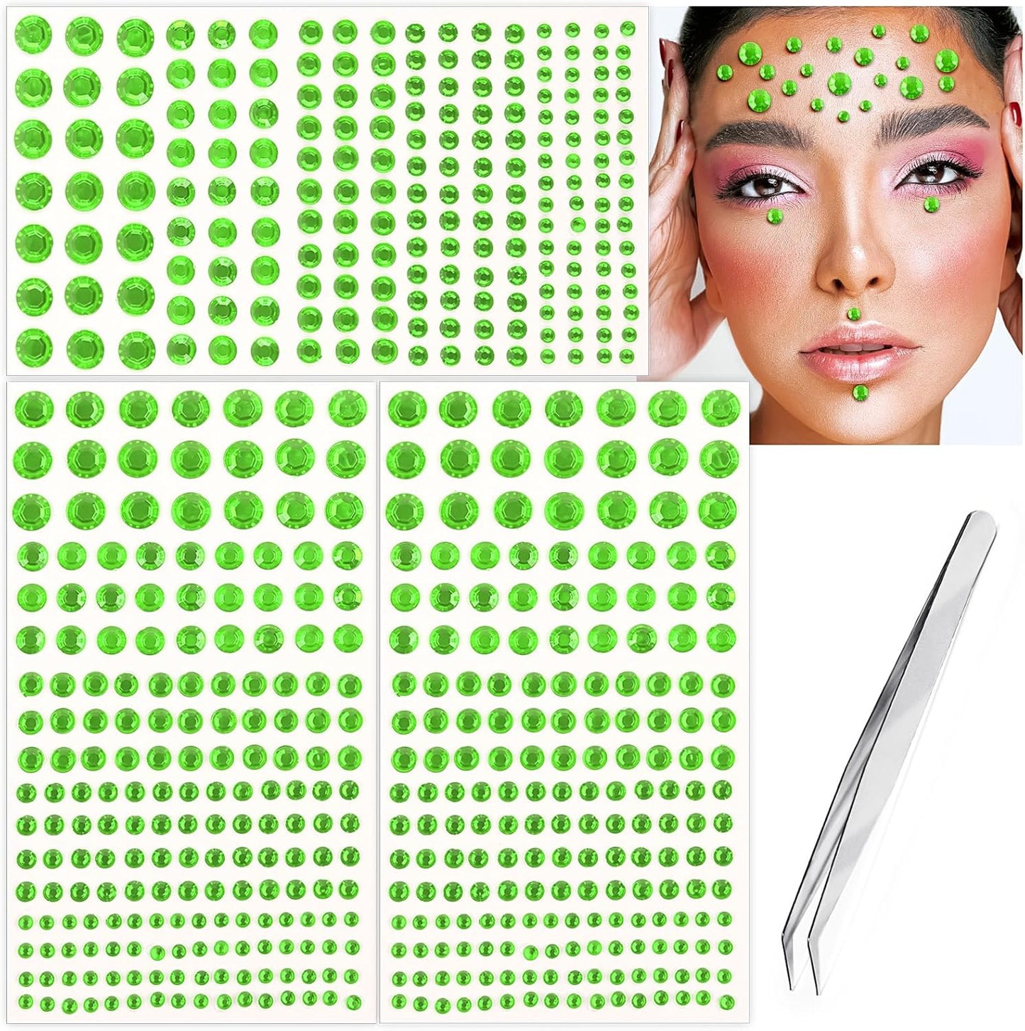 591pcs Face Gems Hair Gems Pearls, Self-Adhesive Face Jewels Eye Rhinestones 3/4/5/6/8 mm Face Gem Stick on, Halloween Makeup Gems Rave Accessories for Face Eyes Body Makeup (09.Light Green)