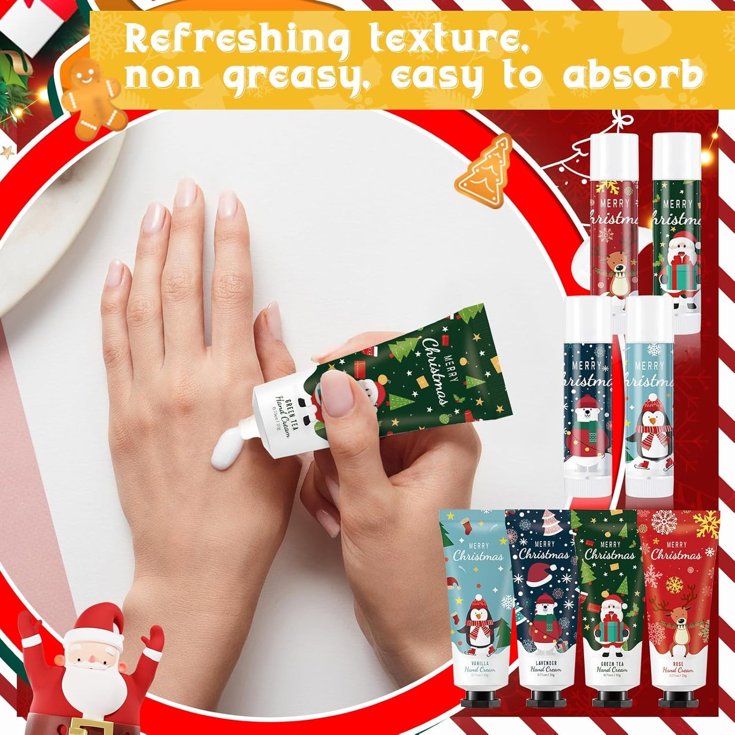 60 Set Christmas Hand Cream Gift Set, Including Moisturizing Christmas Hand Lotion, Xmas Lip Balm, Gauze Bags, Thank You Cards Natural Fragrant Xmas Hand Cream with Lip Balm Christmas Gifts