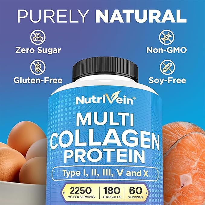 Nutrivein Premium Multi Collagen Pills 2250 mg - 180 Easy-to-Swallow Collagen Capsules: Type I, II, III, V, X Hydrolyzed Protein Peptides for Women and Men - Aging, Joints, Hair, Skin, Bones, & Nails