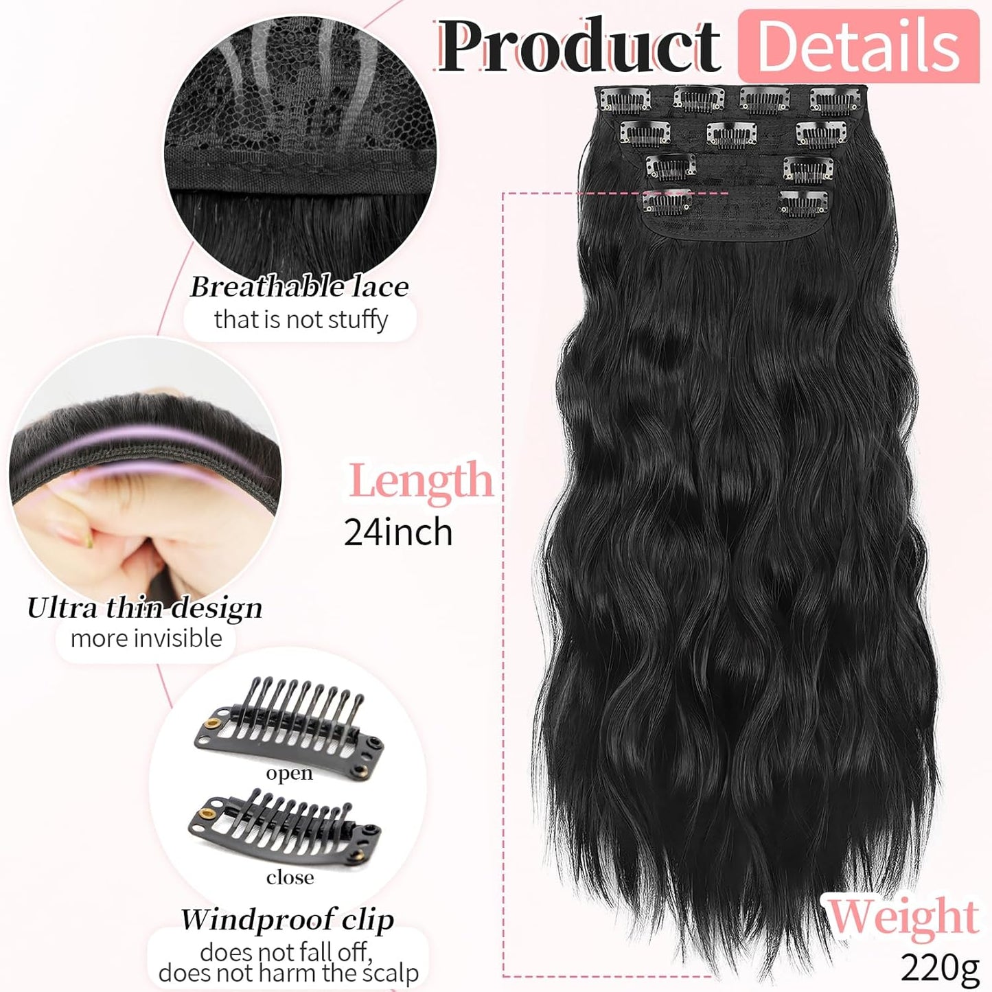 KooKaStyle Clip in Synthetic Hair Extensions Long Wavy 4PCS Thick Hairpieces Black Fiber Double Weft Natural Hair Extensions 24 Inch for Women