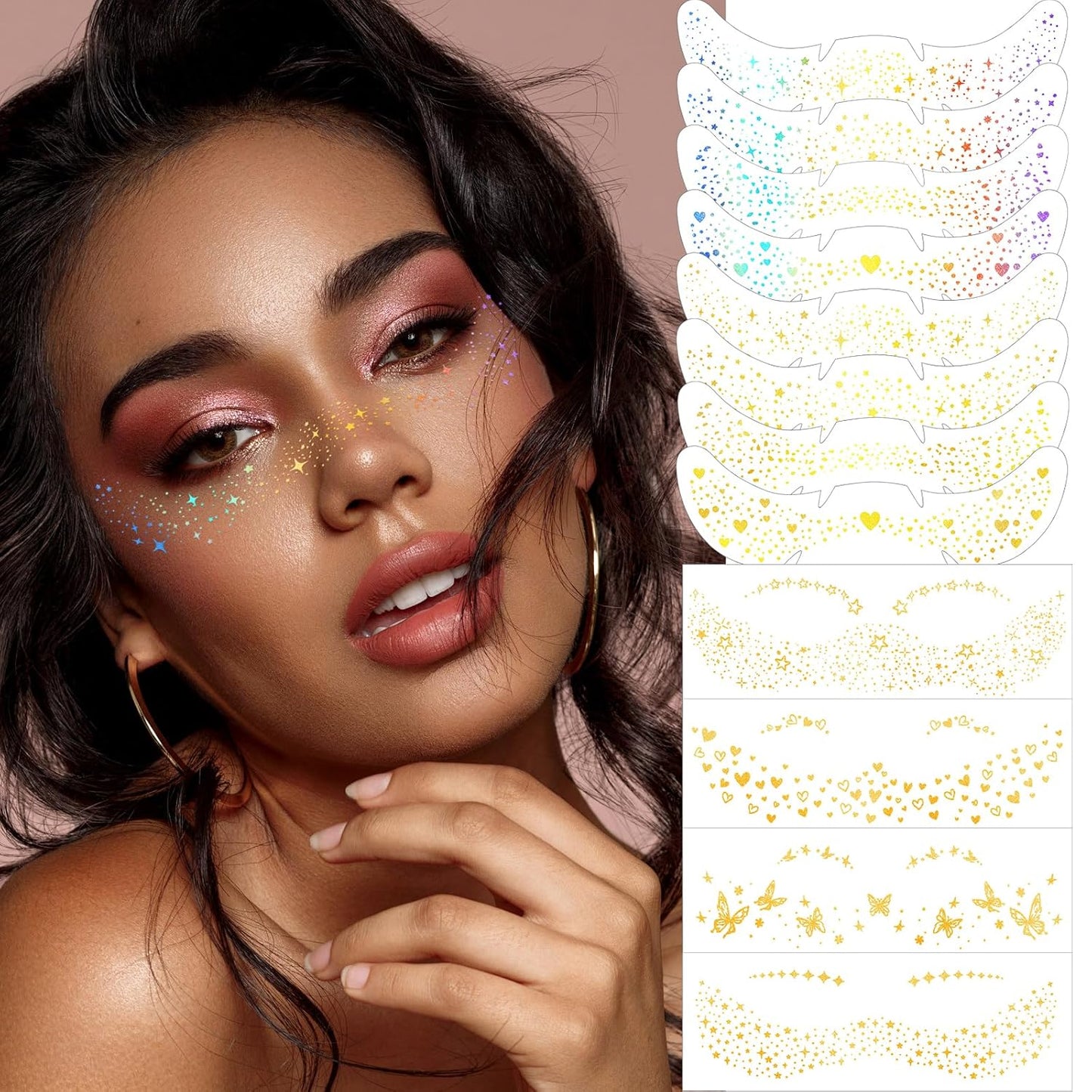 HyperFun 12Pcs Face Glitter Freckles, Face Glitter Fake Freckles Sticker, Gold Holographic Multichrome Waterproof Sparkle Freckles Makeup Patches for Women Rave Festival Accessories Concert Party Prom