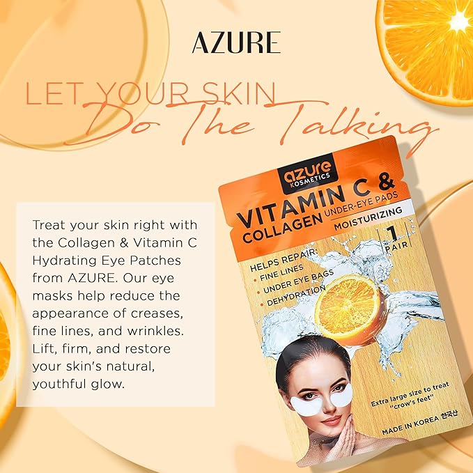 AZURE Collagen & Vitamin C Hydrating Under Eye Pads - Toning, Moisturizing & Rejuvenating Eye Mask Patches - Reduces Fine Lines, Wrinkles, Dark Circles & Puffiness - Skin Care Made in Korea - 10 Pairs