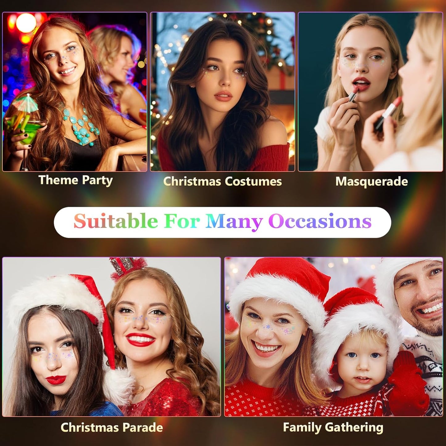 HyperFun 12Pcs Christmas Face Glitter Freckles, Glitter Freckles Face Tattoo Sticker, Holographic Multichrome Waterproof Sparkle Freckles Makeup Patches for Women Rave Festival Accessories Party Prom