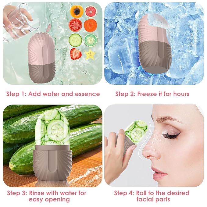 Ice Face Roller, Silicone Facial Ice Roller, Reusable Skin Care Massager Tools for Relieve Puffiness, Tighten Skin, Shrink Pores Shell Brown