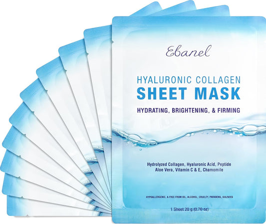 Ebanel 10 Pack Collagen Face Mask with Hyaluronic Acid, Vitamin C, Peptide, Aloe, Instant Brightening Hydrating Face Masks Skincare Korean Sheet Mask, Skin Firming, Lifting Anti Aging Facial Masks