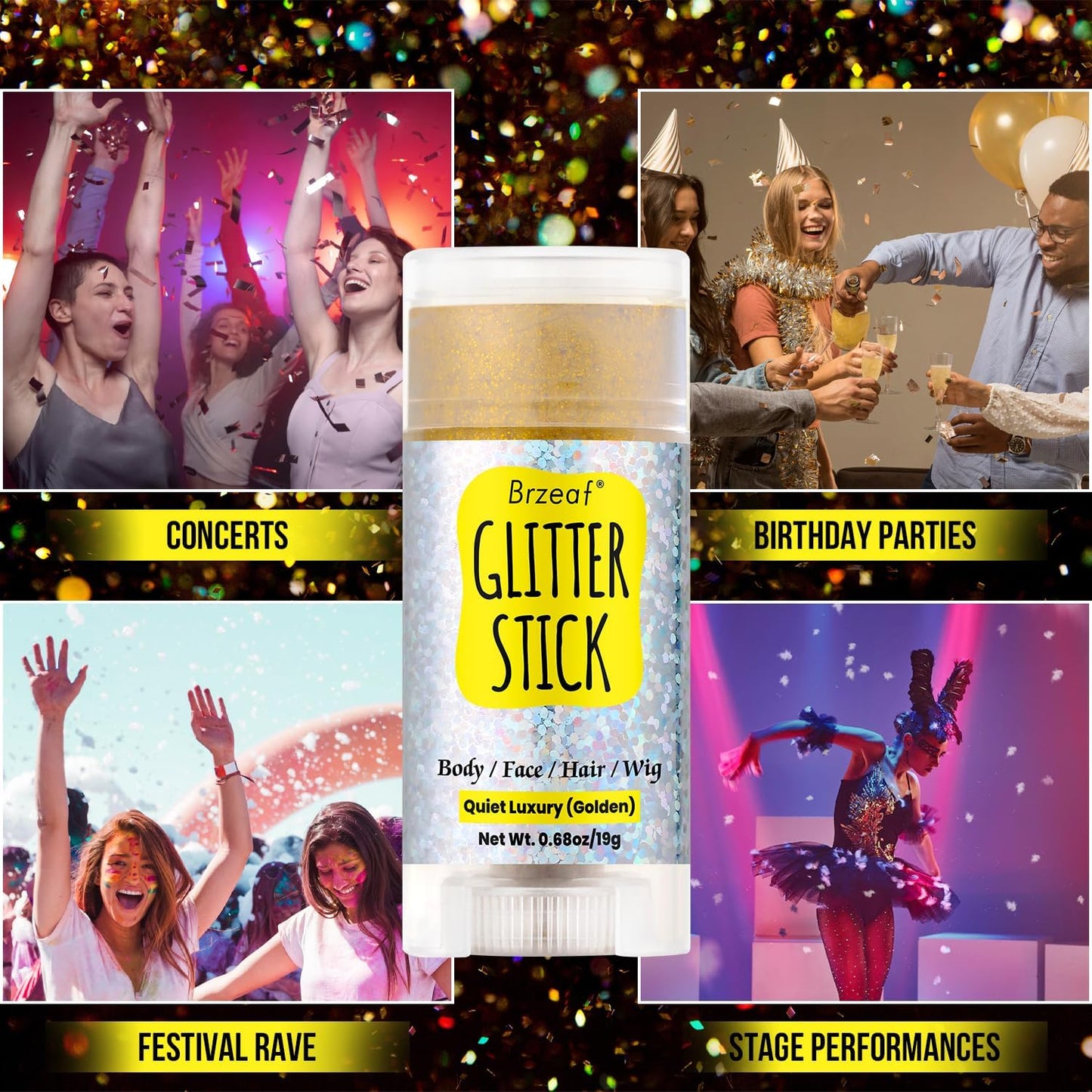 Brzeaf Waterproof Golden Glitter Stick, Halloween Glitter Makeup, Shimmery & Long Lasting, Chunky Glitter for Face/Body/Hair/Eyes/Lip, Singer Concert Music Halloween Christmas Rave Festival