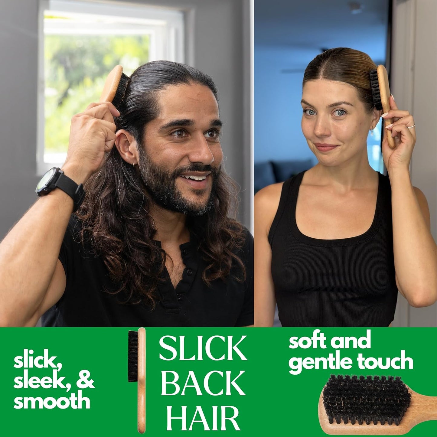 GranNaturals Soft Boar Bristle Slick Back Hair Brush - Hairbrush for Smoothing, Fades, Beards, 360 Waves to Style, Polish, & Lay Down Hair to Create a Sleek Ponytail Bun Hairstyle for Women & Men