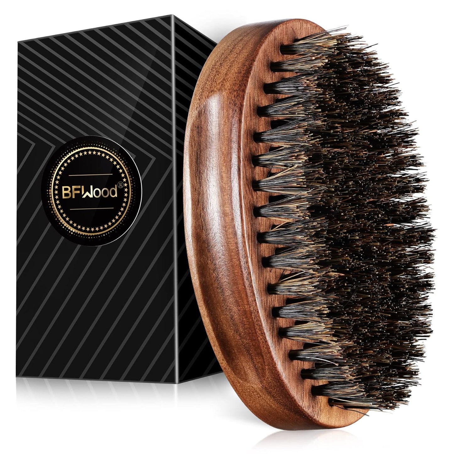BFWood Boar Bristle Beard Brush - Black Wood Walnut Military Style, Men's Wooden Mustache Brush