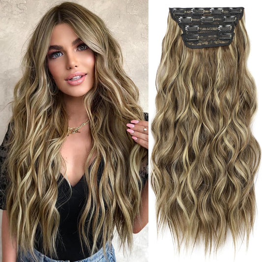 KooKaStyle Hair Extensions Brown mix Blonde Clip in Synthetic Highlight Hair Extensions Long Wavy 4PCS Thick Hairpieces 24 Inch for Women
