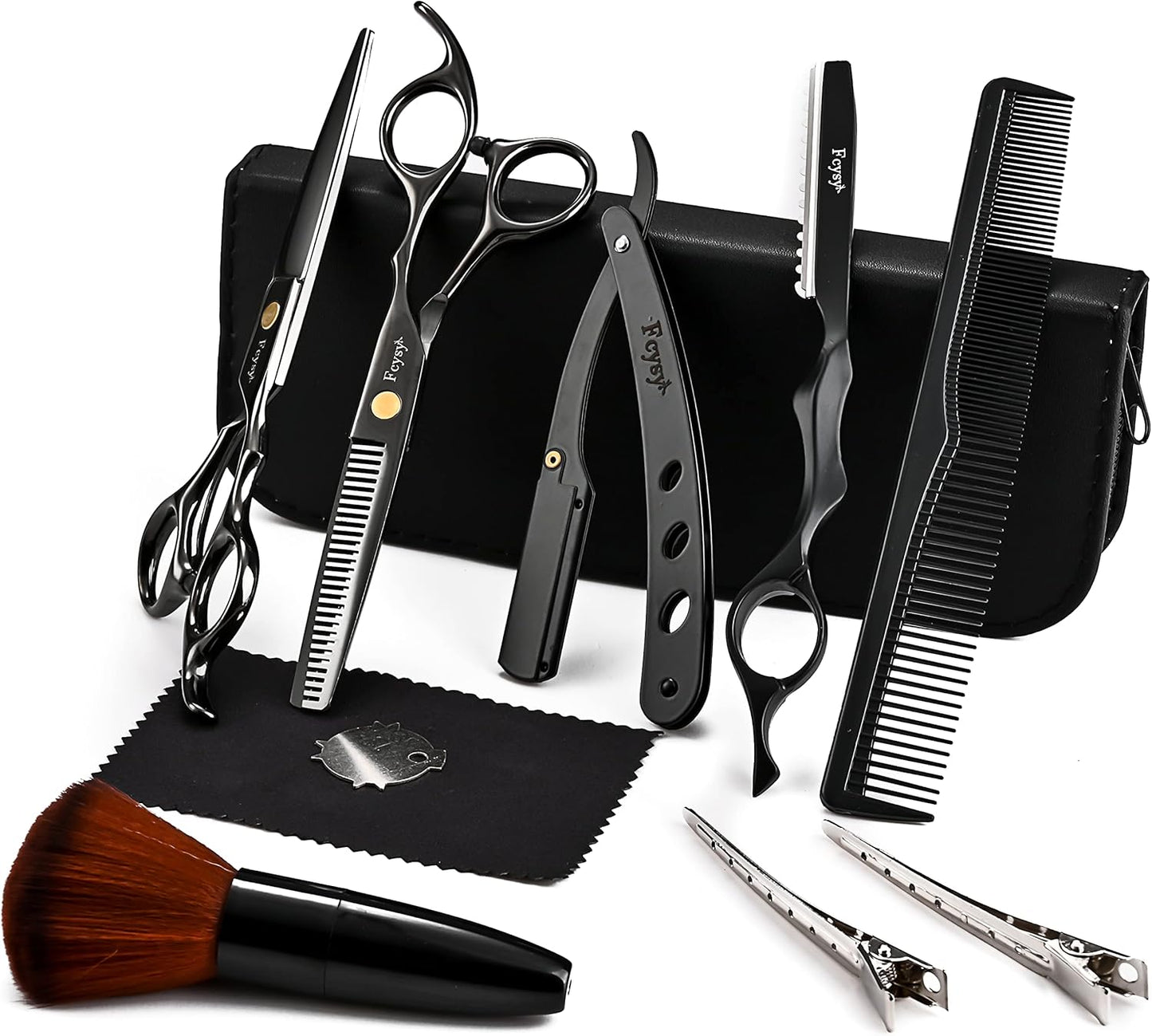 Hair Cutting Scissors Thinning Shears Kit for Haircutting, Fcysy Professional Barber Scissors Set, Black Haircut Scissor Blending Shears Straight Edge Razor Barber Supplies for Men Women