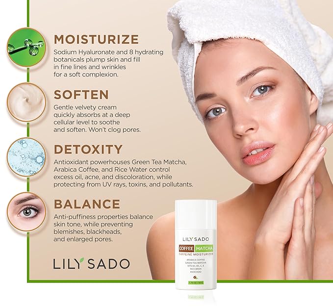 LILY SADO TEA+C™ Coffee & Matcha Face Moisturizer - Natural Vegan Caffeine Facial Cream w Green Tea & Arabica Coffee Beans - Best Antioxidant, Anti-Wrinkle Moisturizing Lotion - Softens & Firms