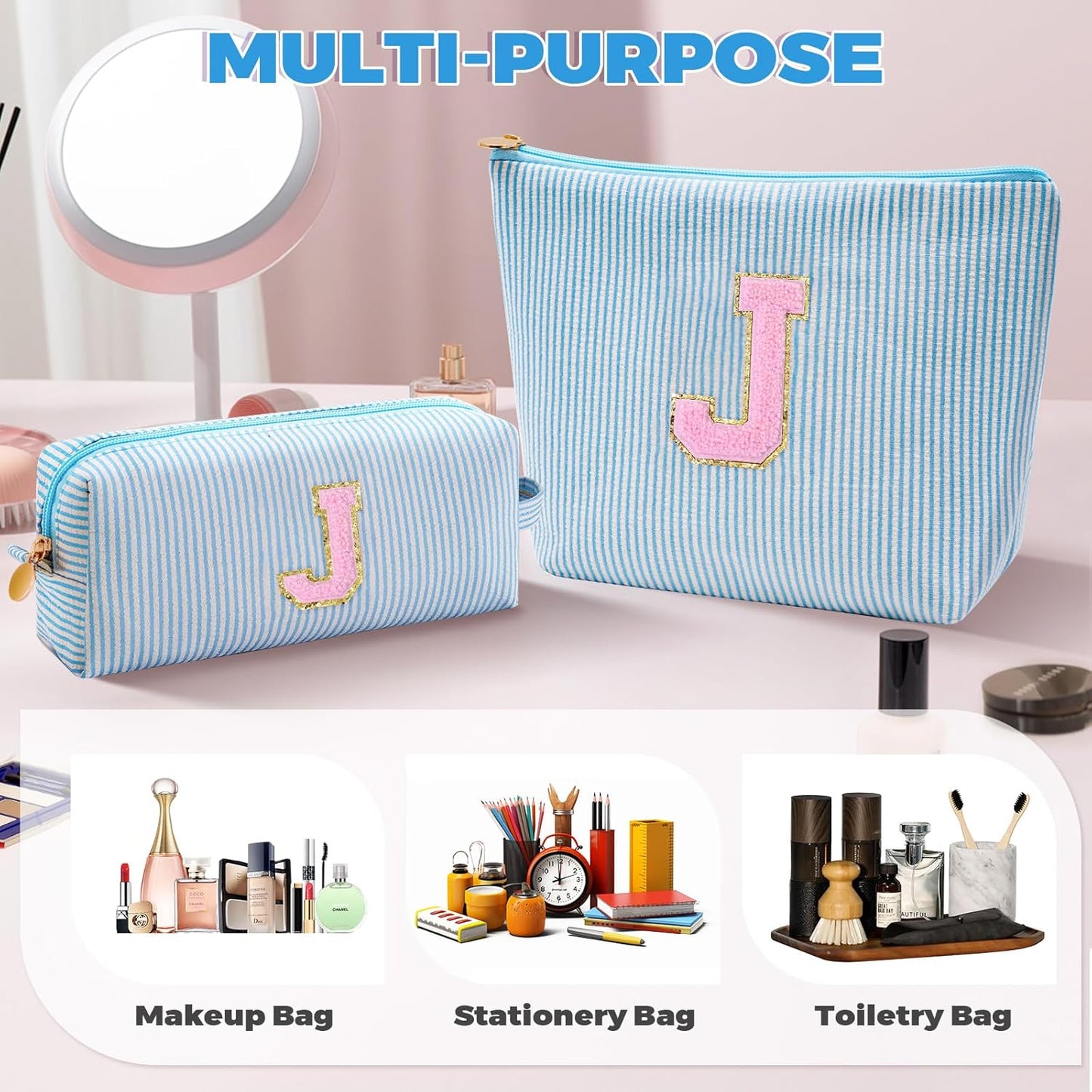 Monogrammed Gifts for Women - Cosmetic Bag for Teen,Initial Cute Makeup Bag Set for Women,Trendy Pouch for Niece Sister Friend Female Her,Birthday Gifts for Daughter - Blue,J