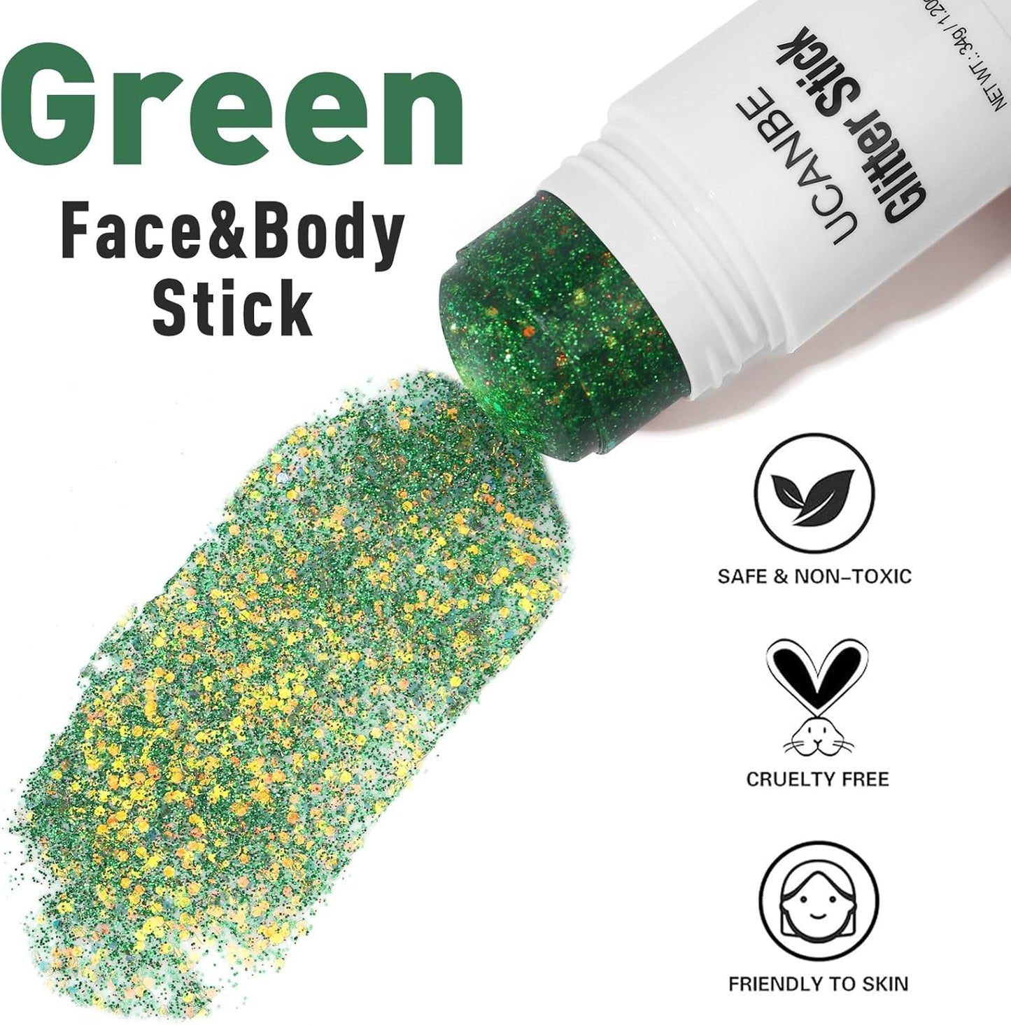 UCANBE Green Body Glitter Stick for Singer Concerts Music Festivals, Face Glitter Makeup for Face Body Hair Eyes & Lips, Chunky Glitter Sparkling Mermaid Sequins for Women 1.2OZ