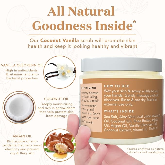 Bare Botanics Coconut Vanilla Body Scrub 24oz | Made in Madison, WI | All Natural Sea Salt Exfoliator w/ Skin Loving Moisturizers | Vegan & Cruelty Free | Gift Ready Packaging w/ a Cute Wooden Spoon