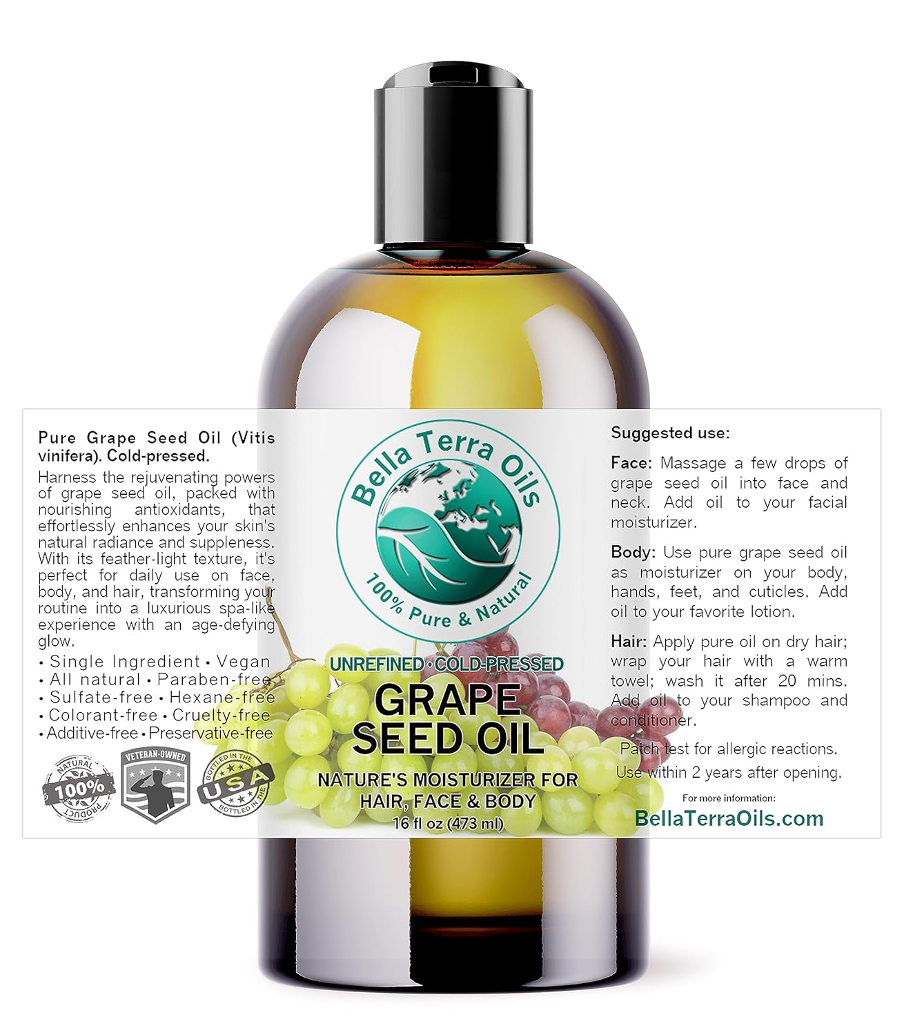Bella Terra Oils - Organic Grape Seed Oil 16 oz - Celebrate the Essence of Cold-Pressed Organic Grapes, Rich in Vitamin D & Beta-carotene, The Ultimate Skin Nourishing Experience