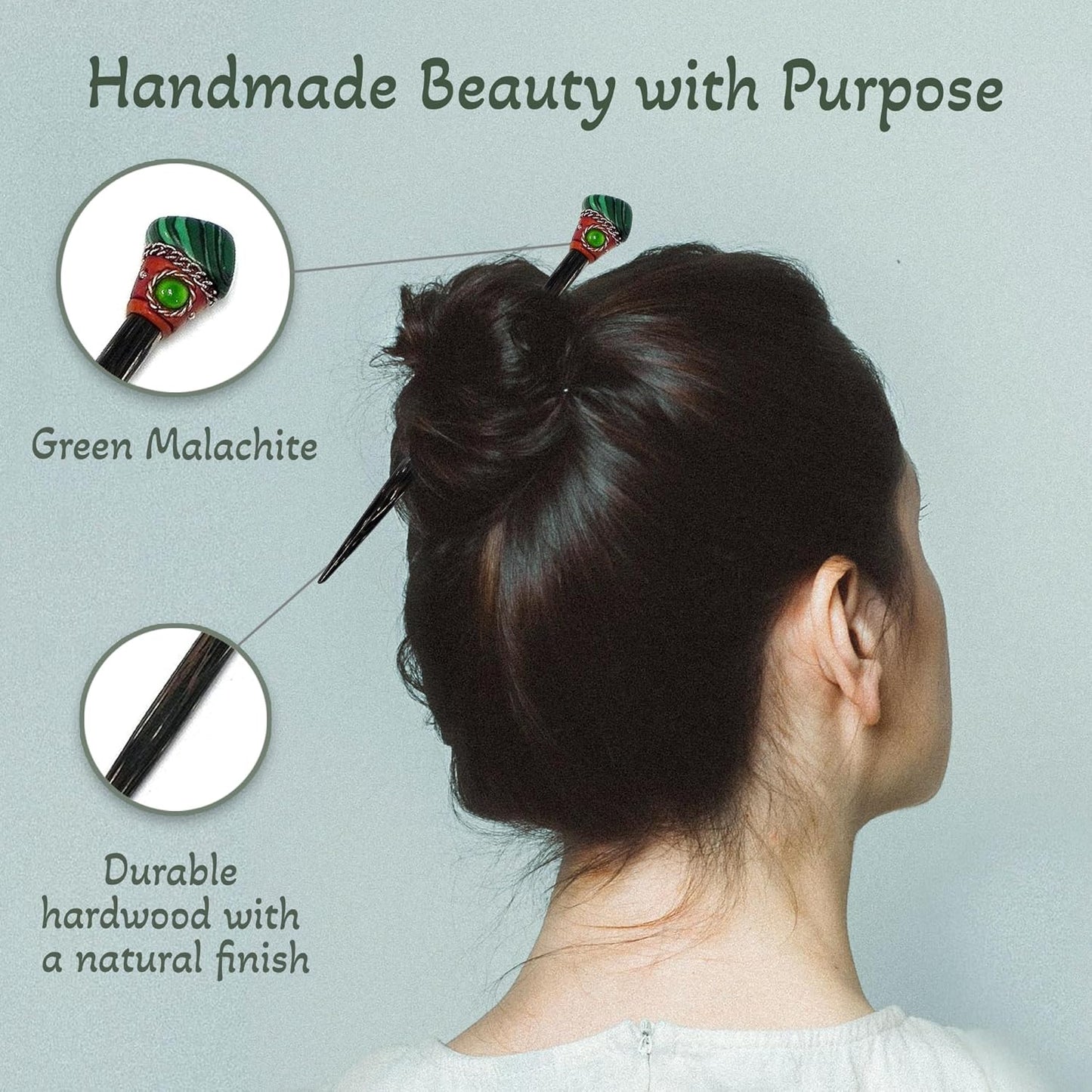Mia Jewel Shop - Natural Tumbled Healing Gemstone Crystal Chonta Wooden Hair Sticks – Handmade Hair Sticks for Women | Hair Pins Boho Reiki Accessories, Fashion Gifts (Green Malachite)