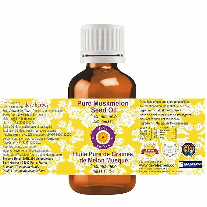 Deve Herbes Pure Muskmelon Seed Oil (Cucumis melo) 100% Natural Therapeutic Grade Cold Pressed 50ml (1.69 oz)