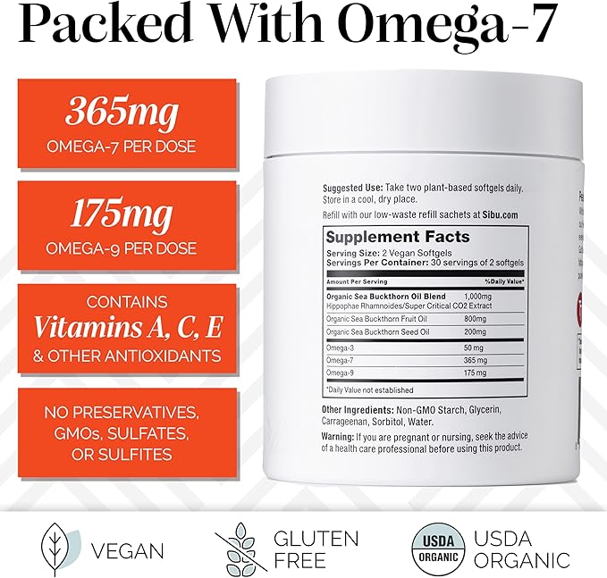 sibu Omega-7 Softgels Starter Kit, Premium Organic Himalayan Sea Buckthorn Oil (60ct, 30 Day Supply) – Supplement for Healthy Skin, Hair, Nails and Dryness