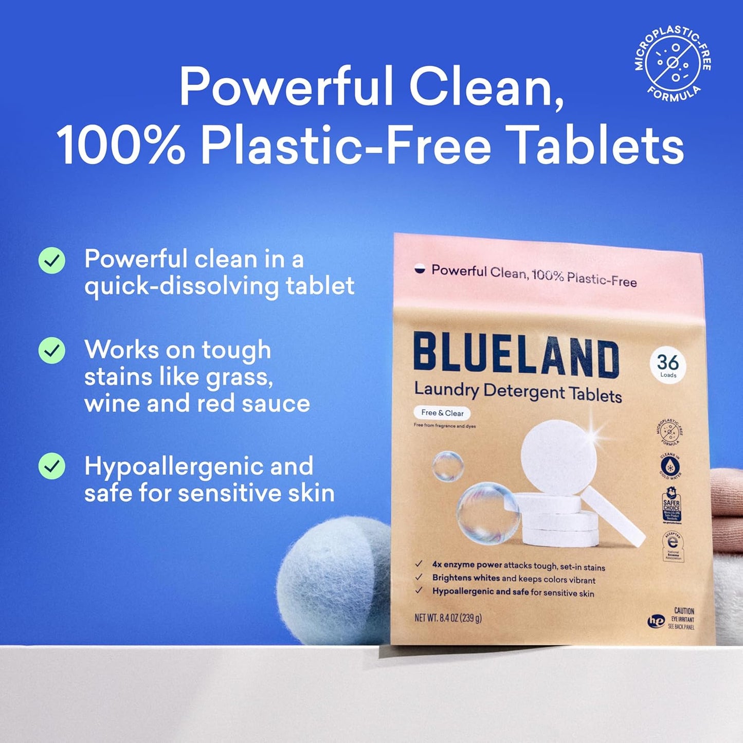 BLUELAND Laundry Detergent Tablets, 60 Count, Plastic-Free Eco-Friendly Pods, Sheets, Liquid Alternative - Fragrance Free and Clear, Natural, Gentle