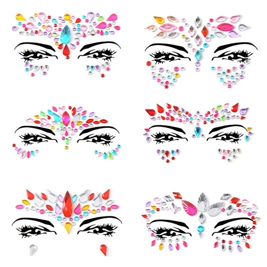 Face Gems Adhesive Glitter Jewel Tattoo Sticker Festival Gems Rave Party Body Make Up (6 PCS MULTI COLORS)