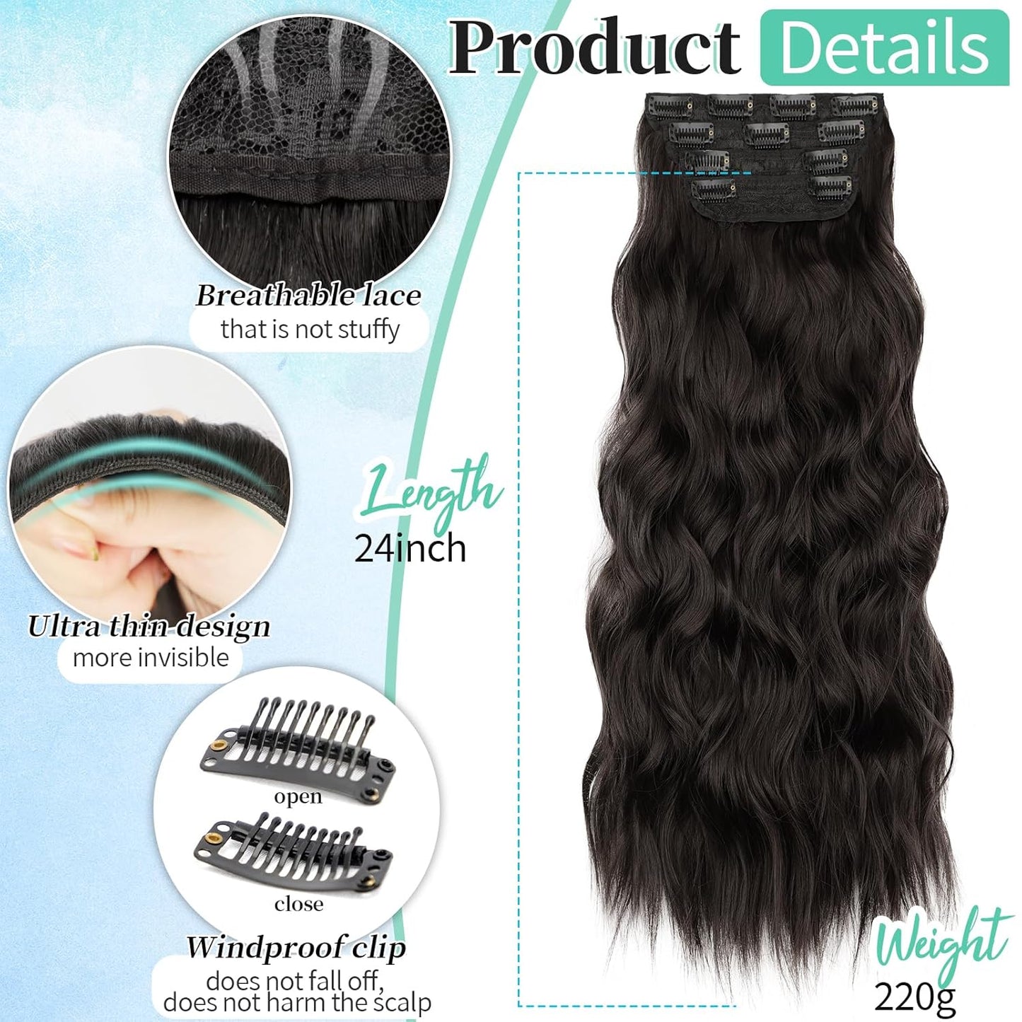 KooKaStyle Clip in Synthetic Hair Extensions Long Wavy 4PCS Thick Hairpieces Dark Brown 6# Fiber Double Weft Natural Hair Extensions 24 Inch for Women