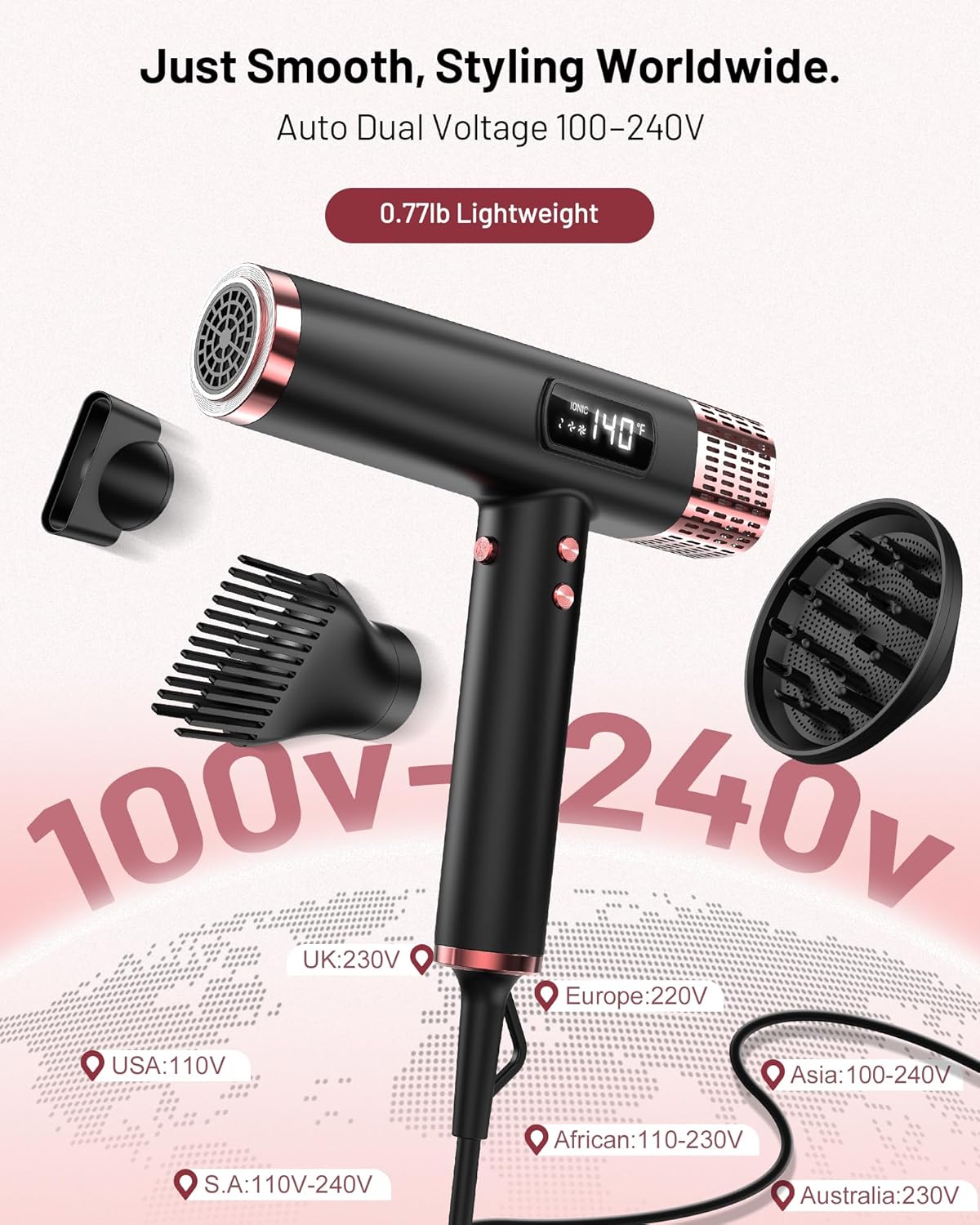 Dual Voltage Ionic Hair Dryer with Diffuser - 1875W High-Speed Blow Dryer for Women, Fast Drying, No Heat Damage, Low Noise, Lightweight, European Travel 110V-120V/220V-240V, Gifts for Women