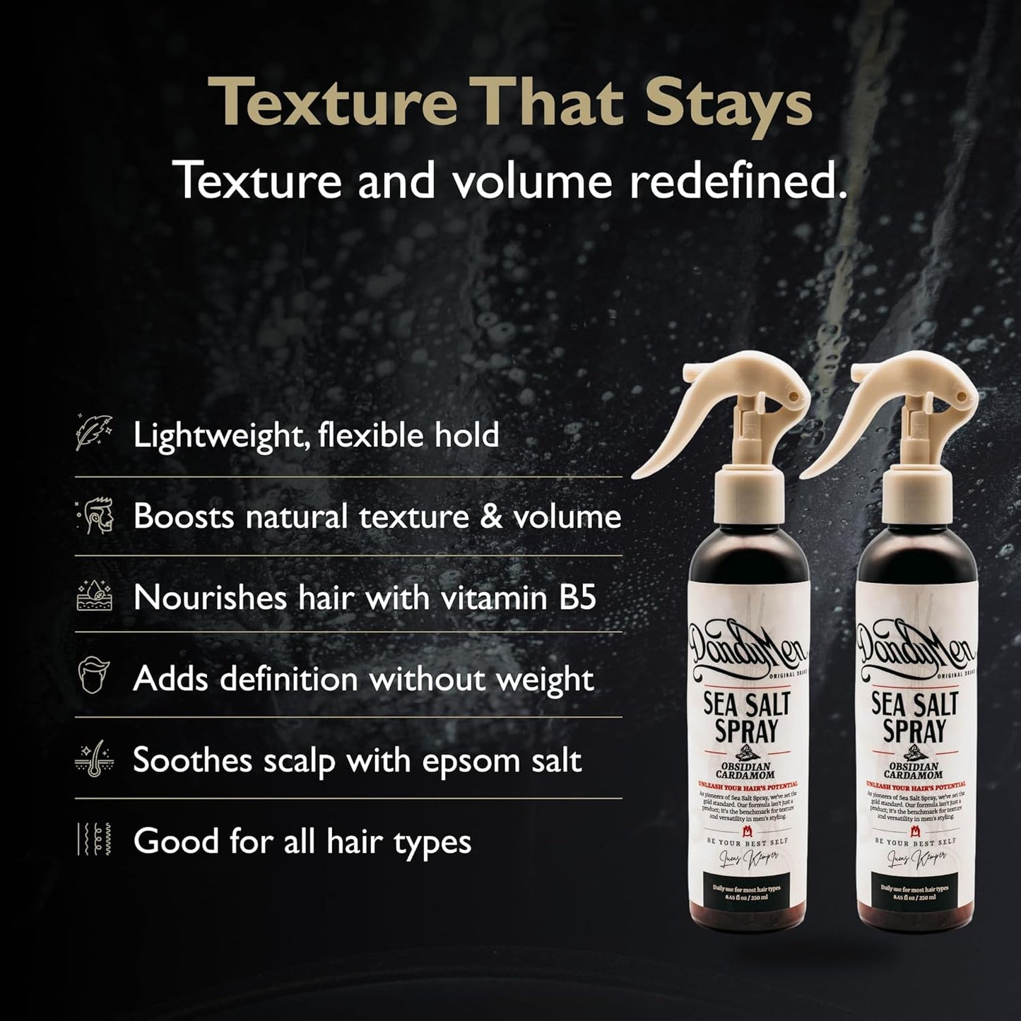 Sea Salt Spray – Lightweight Texture, Volume, and Flexible Hold with Epsom Salt & Pro-Vitamin B5 (2-pack, Obsidian Cardamom)