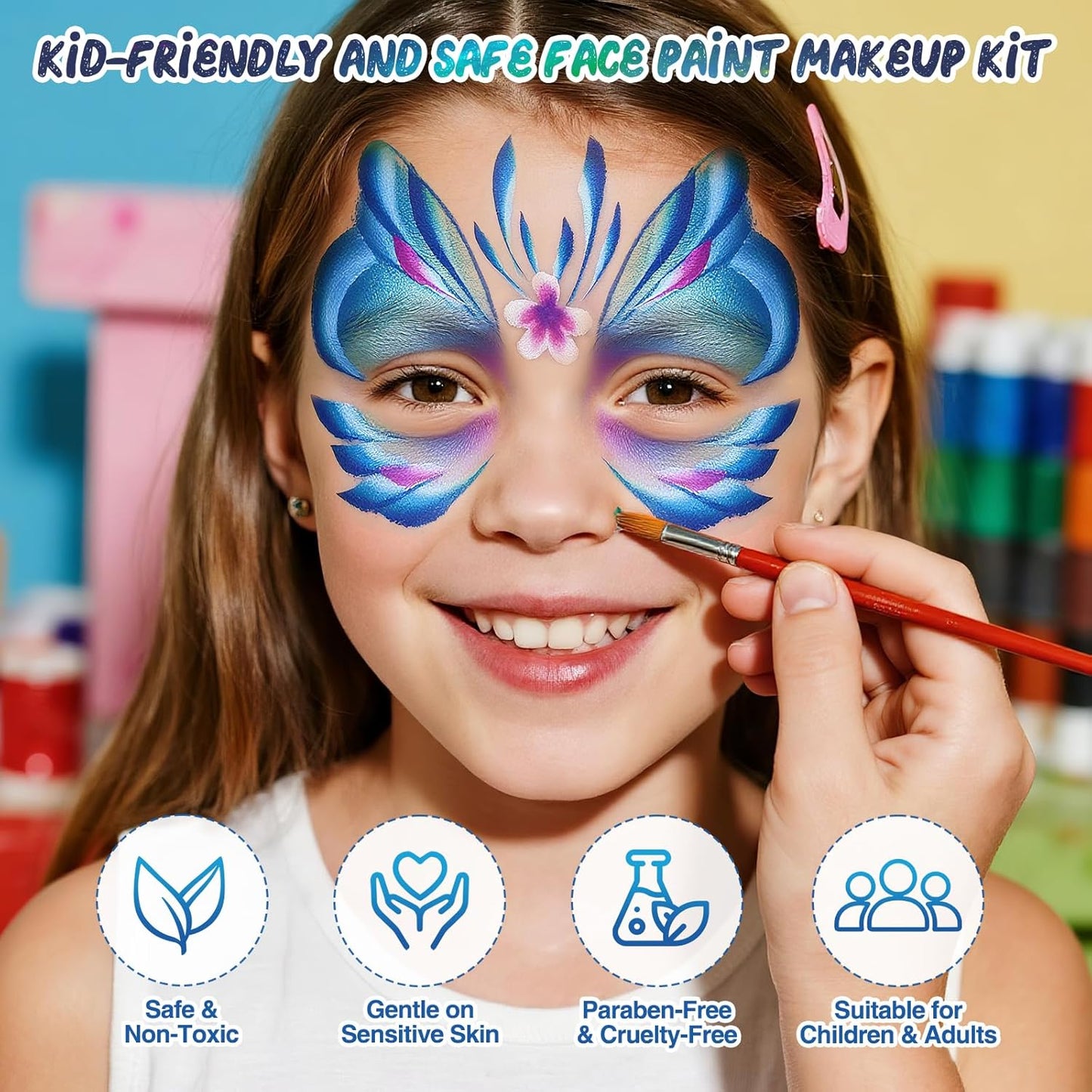 Face Painting Kit for Kids - 42 Colors Professional Face Paint Kit,Non-Toxic face Paint With Stencils, Brush, Gems. For Carnival, Halloween, Costume Makeup and Any Creative Activity with Kids