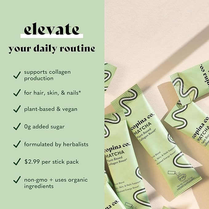 Matcha Beauty Vegan Collagen Booster Drink Blend: Plant Based Collagen Support Smoothie Drink Vegan Blend Variety Pack | Matcha Flavor | 10 Individual Stick Packs per Carton