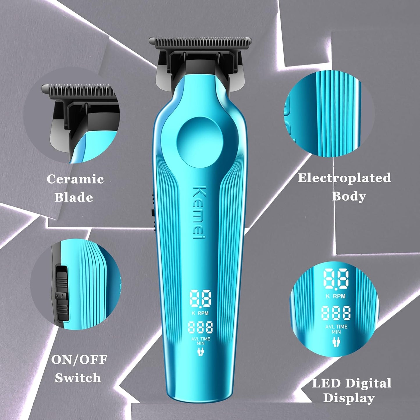 KEMEI Hair Trimmer for Men, Zero Gapped Cordless Hair Clippers Beard Trimmers with T Blade, Rechargeable Barber Clippers with LED Display, Blue