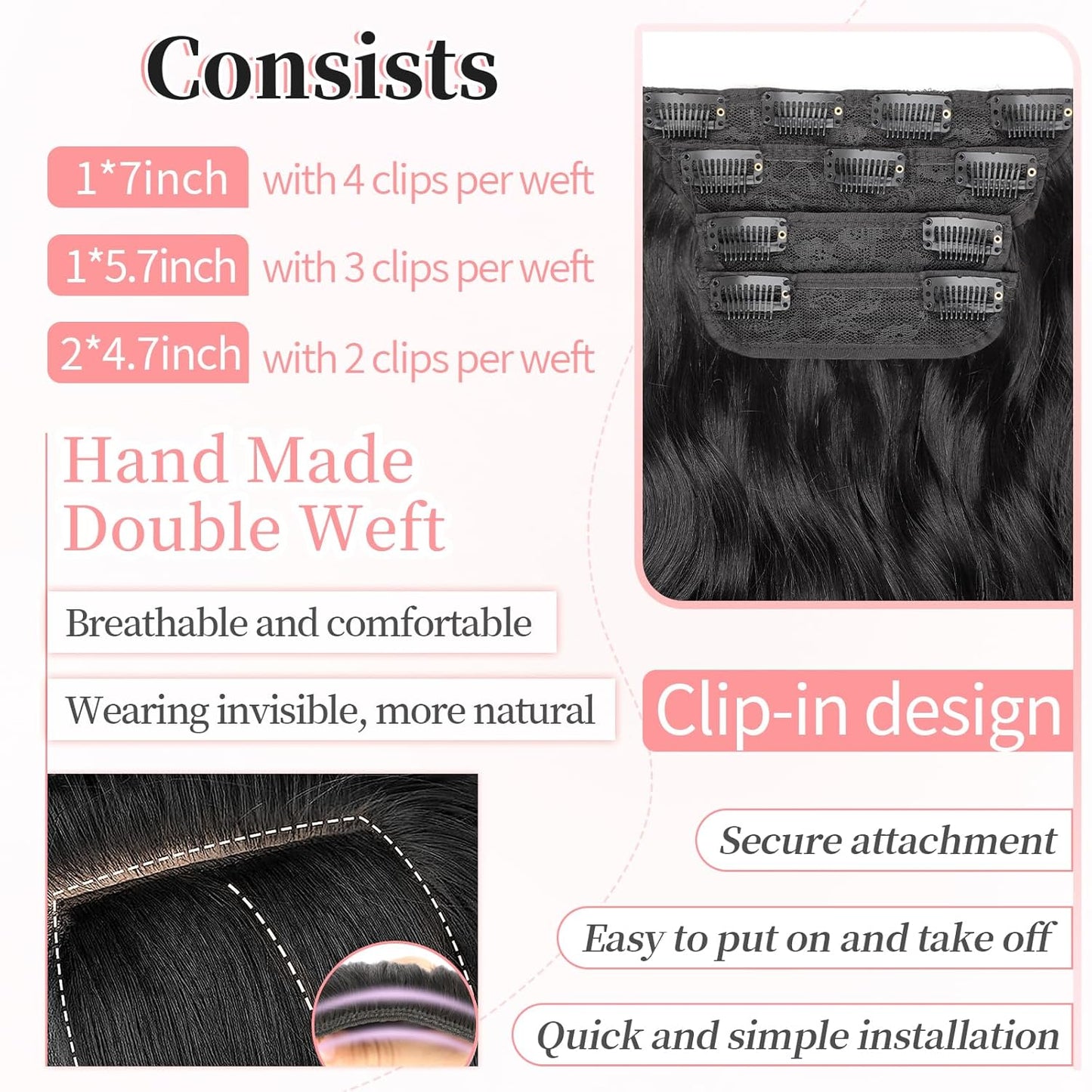KooKaStyle Clip in Synthetic Hair Extensions Long Wavy 4PCS Thick Hairpieces Black Fiber Double Weft Natural Hair Extensions 20 Inch for Women