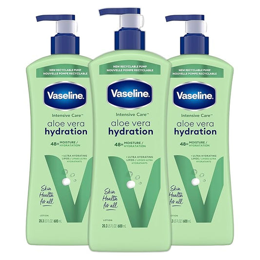 Vaseline Intensive Care Body Lotion for Dry Skin Soothing Hydration Lotion Made with Ultra-Hydrating Lipids + 1% Aloe Vera Extract to Refresh Dehydrated Skin 20.3 oz, Pack of 3