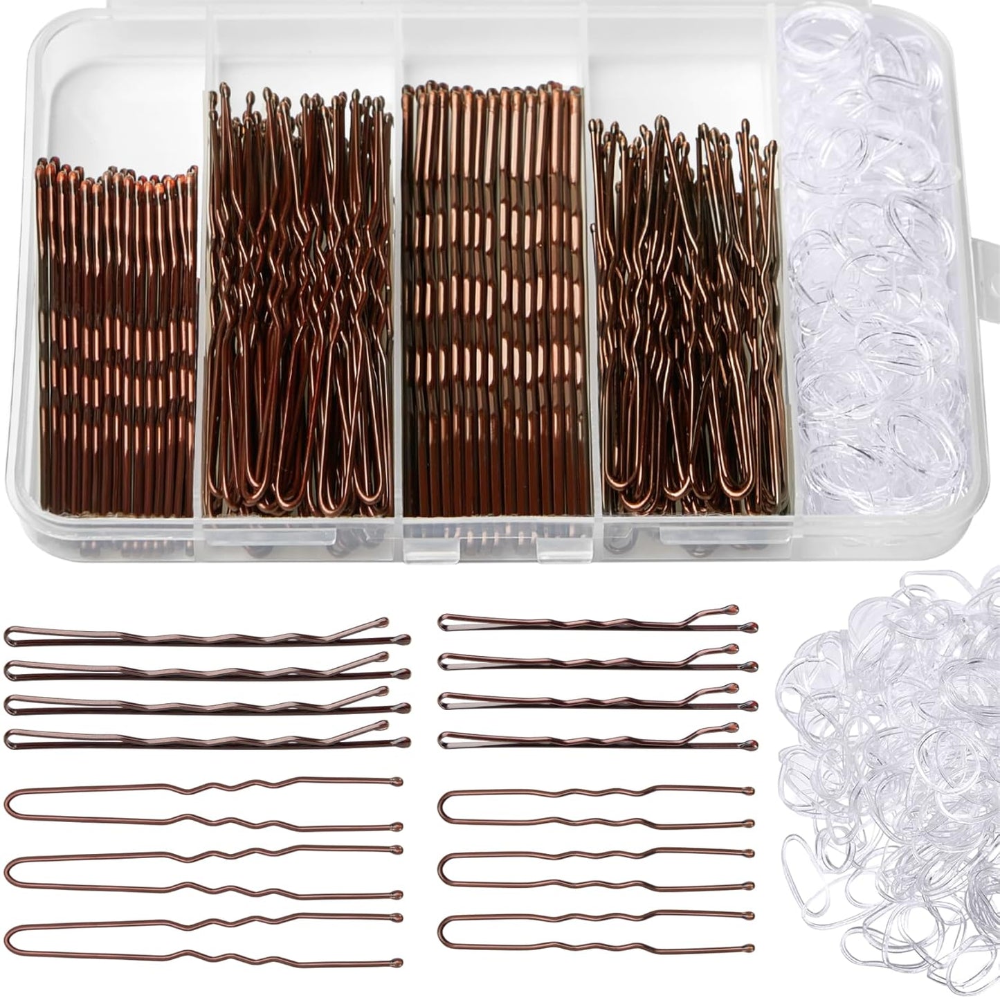 400 PCS Bobby Pins Hair Pins Kit - 100 Brown, 100 U Shape, 200 Hair Bands for Women Girls, Non-Slip Metal Pins, Strong Hold Hair Accessories for Daily Styling and Updos