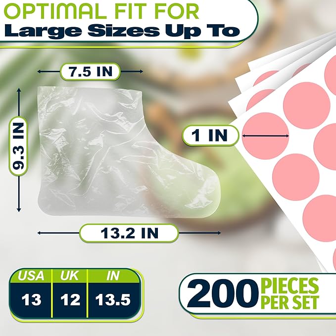200 Pcs Plastic Foot Covers for Feet – 13 USA Leak-Proof, Durable, Ribbed Anti-Slip Design with 200 Stickers for Snug Closure – Plastic Socks for Moisturizing Feet, Great for Wax Foot Care & Hydration