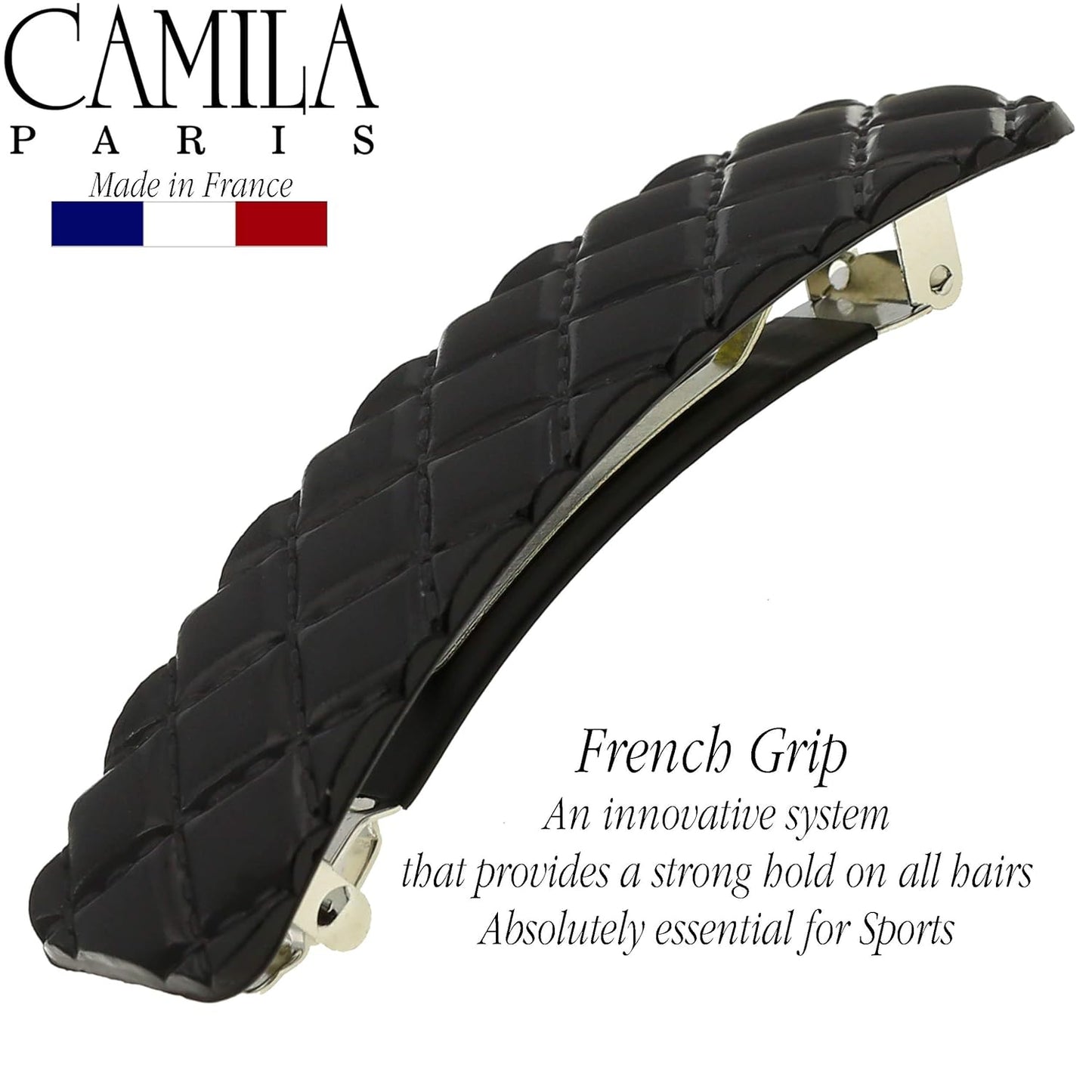 Camila Paris CP2650 French Hair Barrette Clip for Girls, Black, Rubberized Metal Closure Strong Hold Grip Hair Clips for Women, No Slip and Durable Styling Girls Hair Accessories, Made in France