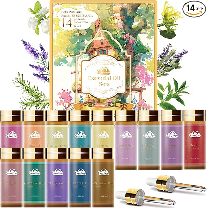Fragrance Essential Oils Set - 14pcs, Aromatherapy Oils for Skin, Diffusers, Home Care, Humidifier Laundry, Candle Making - Tea Tree, Sandalwood, Lavender, Vanilla, Eucalyptus and More (5mL)