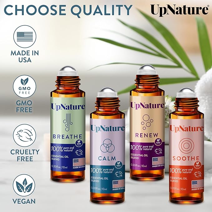 UpNature Essential Oils Roll On Set (Pack of 4) Stress Relief Gift Aromatherapy Oil - Self Care Gifts for Women